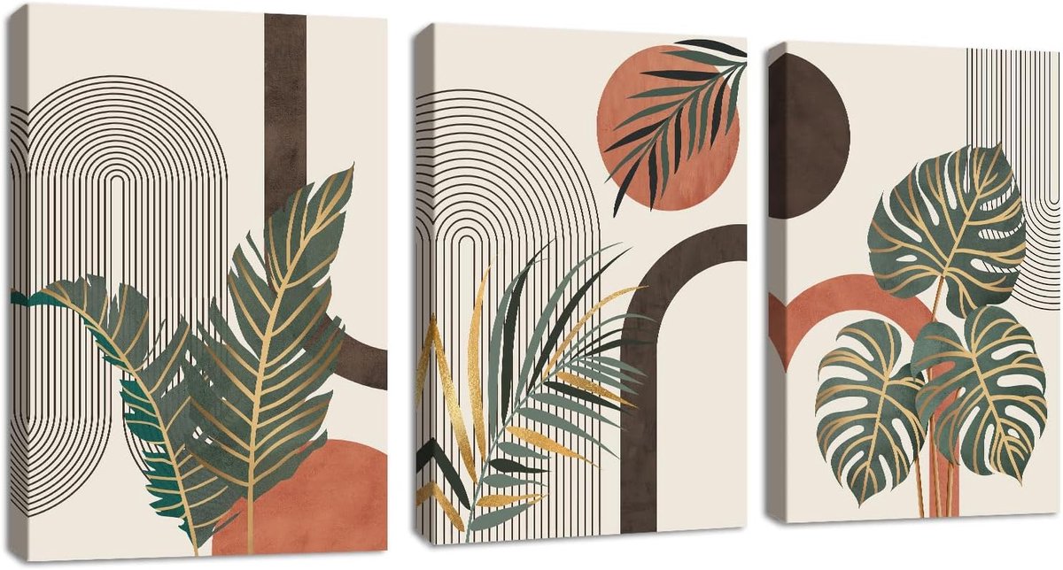 3 Pcs Boho Oranje Botanisch Canvas Wanddecoratie, Scandinavisch Groen Goud Planten Bladeren Wand Schilderijen, Mid Century Lijn Geometrisch Canvas Poster voor Slaapkamer Woonkamer Kantoor 40x60cmx3