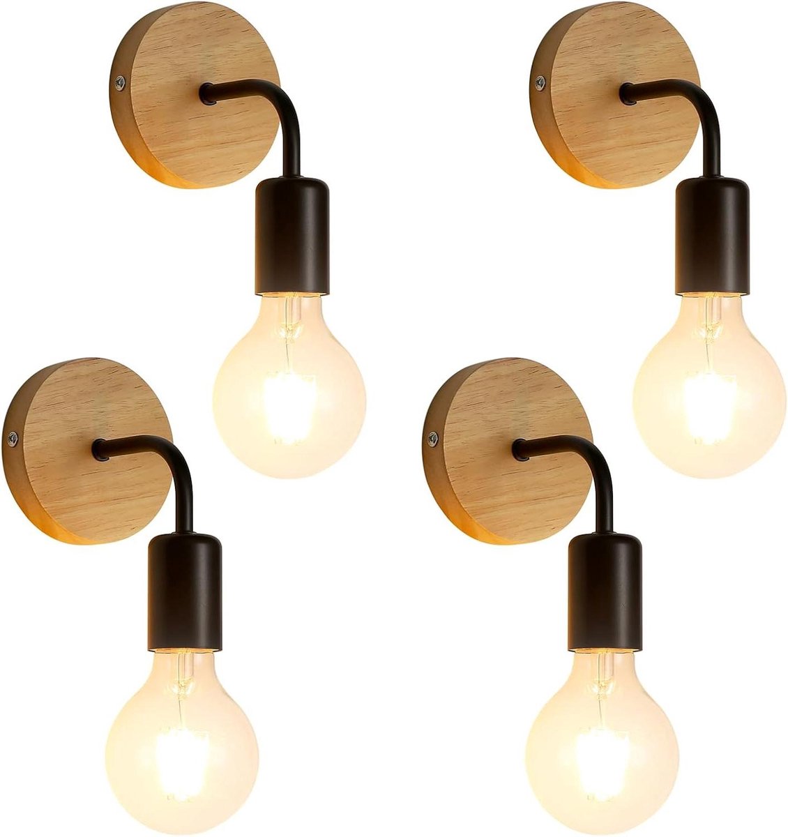 Industriële Wandlampen Set van 4 Zwart Hout en IJzer