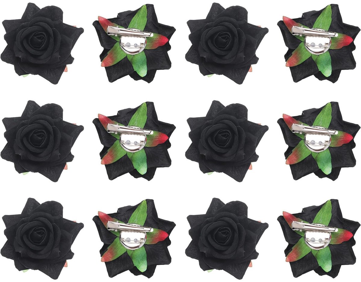 QUARKZMAN 12 stuks rozenbloem haarspelden 7,5 cm bloemen haarspelden bloemenbroche voor dames haaraccessoires zwart