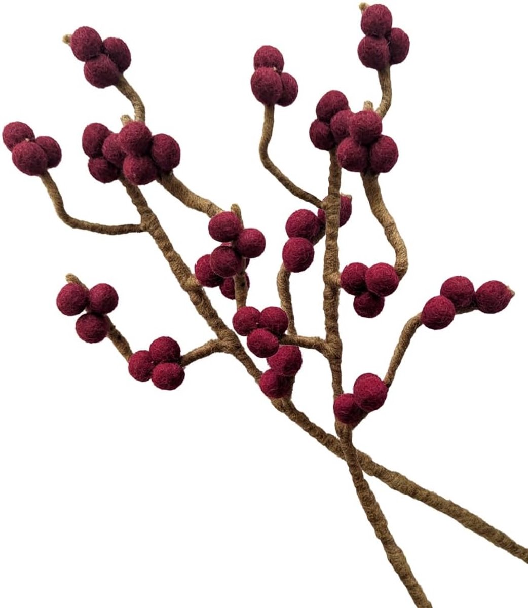 Set van 2 takken met donkerrode bessen van vilt met buigzame steel, ca. 30 cm, handgemaakte decoratieve bloemen voor individuele creaties, duurzaam cadeau, eerlijke handel, realistische kunstbloemen
