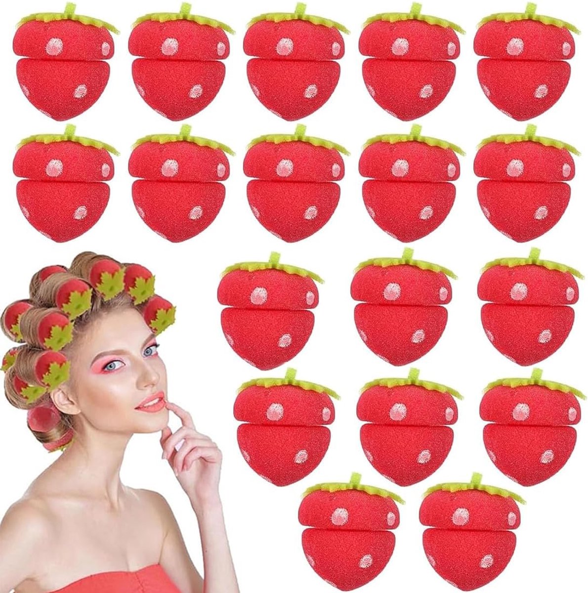 Krulspelden, aardbeien-spons-krullen, aardbeien-badstofballen, zachte schuimrubberen krulspelden met aardbeien, haarrollen voor dames en meisjes