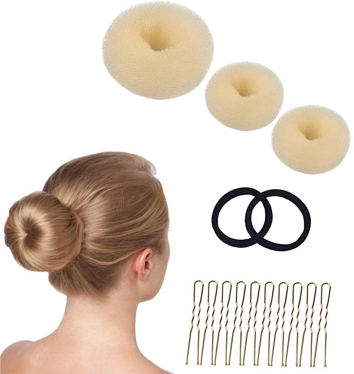 Haarknot in donutvorm, 3 stuks, voor brood, donut, haarknot, voor meisjes en vrouwen, met 2 haarelastiekjes en 10 U-vormige haarspelden