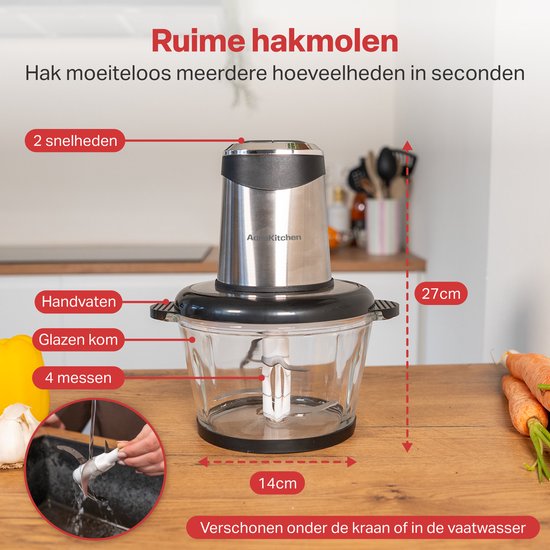 AoraKitchen Hakmolen Electrisch - 2L Glazen Kom - BPA-Vrij - 400W - 2 Snelheden - RVS - Elektrische Hakmolen - Food Chopper van AoraKitchen — afbeelding 5
