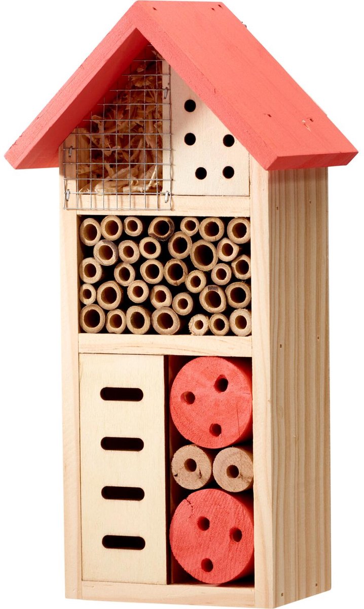 Pro Garden Insectenhotel Bugston - hout - naturel/roze - 13 x 8 x 26 cm - bijenhotel / Insectenhuis