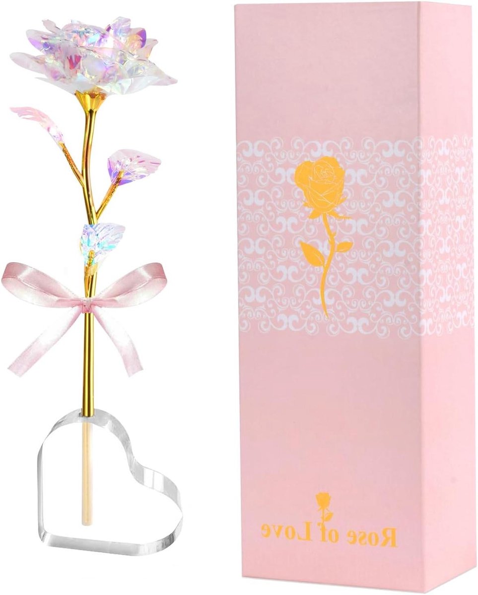 Kristallen Roos - Eeuwige Bloemen - Romantisch Cadeau - Met Hartvormige Basis - 21 cm - Roze