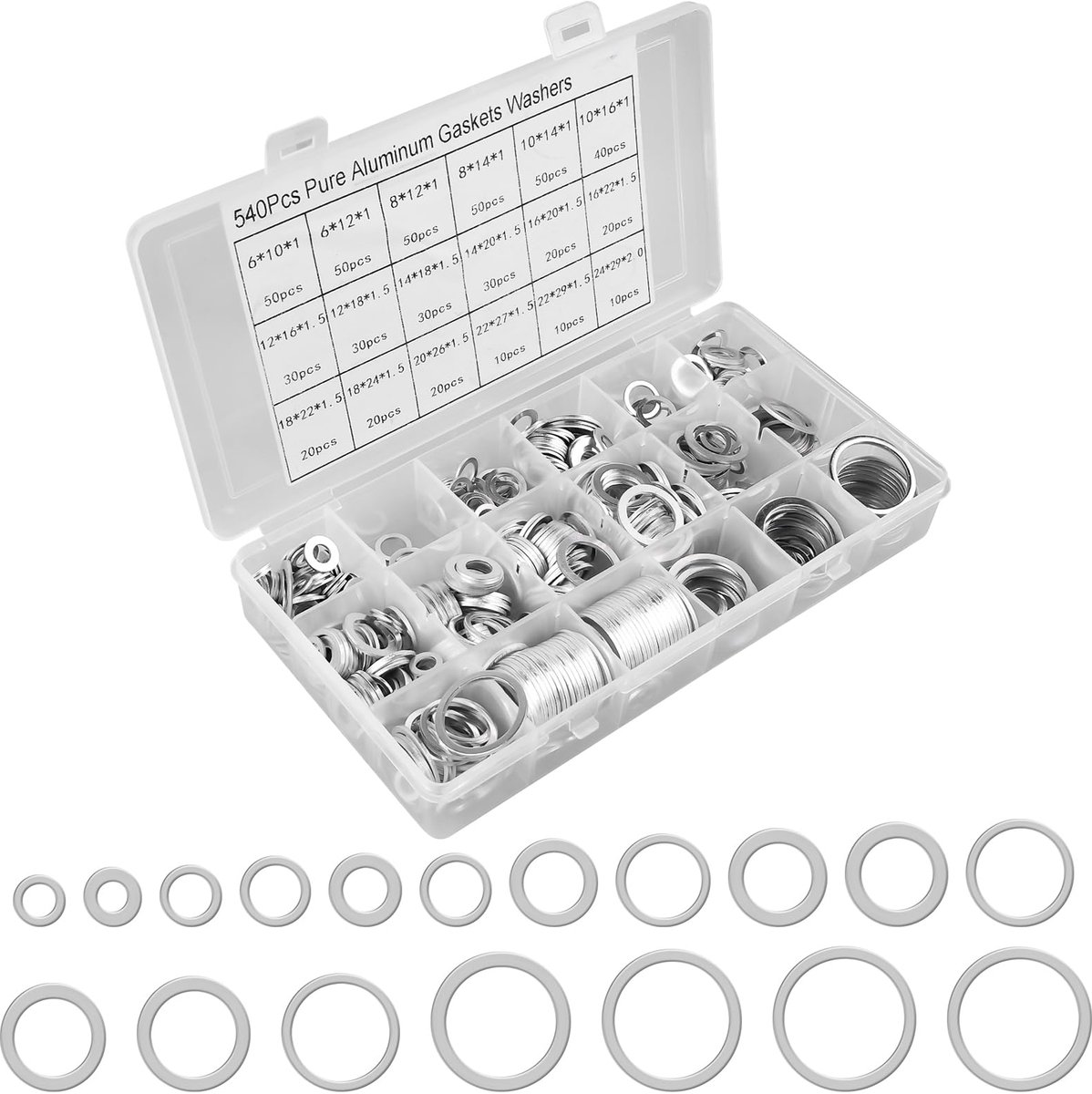 540 stuks aluminium afdichtingsringen, sluitringen van aluminium, sluitafdichtingen, platte afdichtingsset met assortimentsdoos, M6, M8, M10, M12, M14, M16, M18, M20, M22, M24 (18 maten)