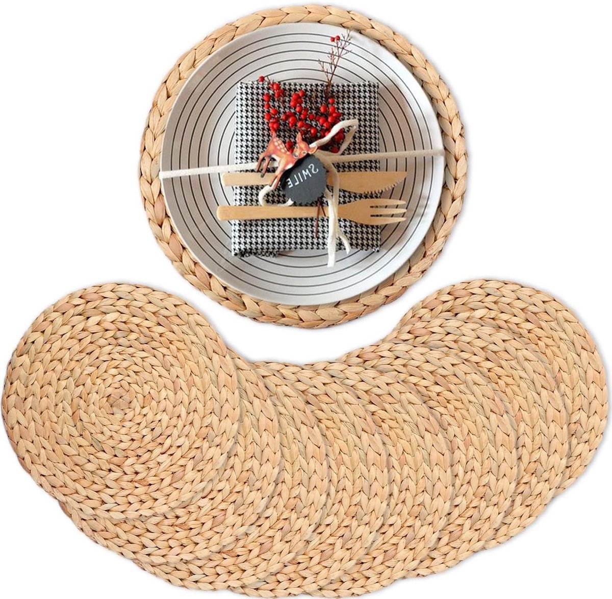 Water Hyacinth Placemats - Ronde Tafelmatten - Tafelbescherming - Handgeweven - 30 cm - Natuurlijk Goud