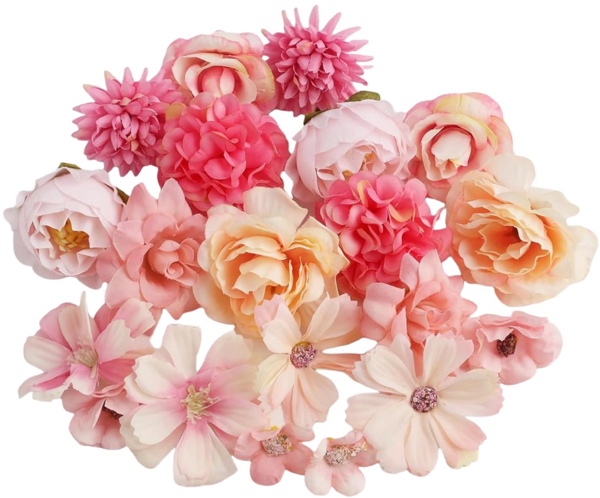 Kunstbloemen om te knutselen, 20 stuks, mini-decoratie, kunstbloemen met 10 stijlen, 2~4 cm bloemen om te knutselen, voor doe-het-zelfprojecten en knutseldecoraties (roze)