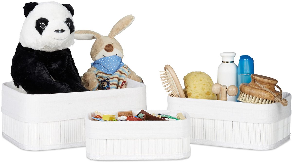 Manden, met stof, bamboe, rechthoekig, voor speelgoed, accessoires, badkamer, wit