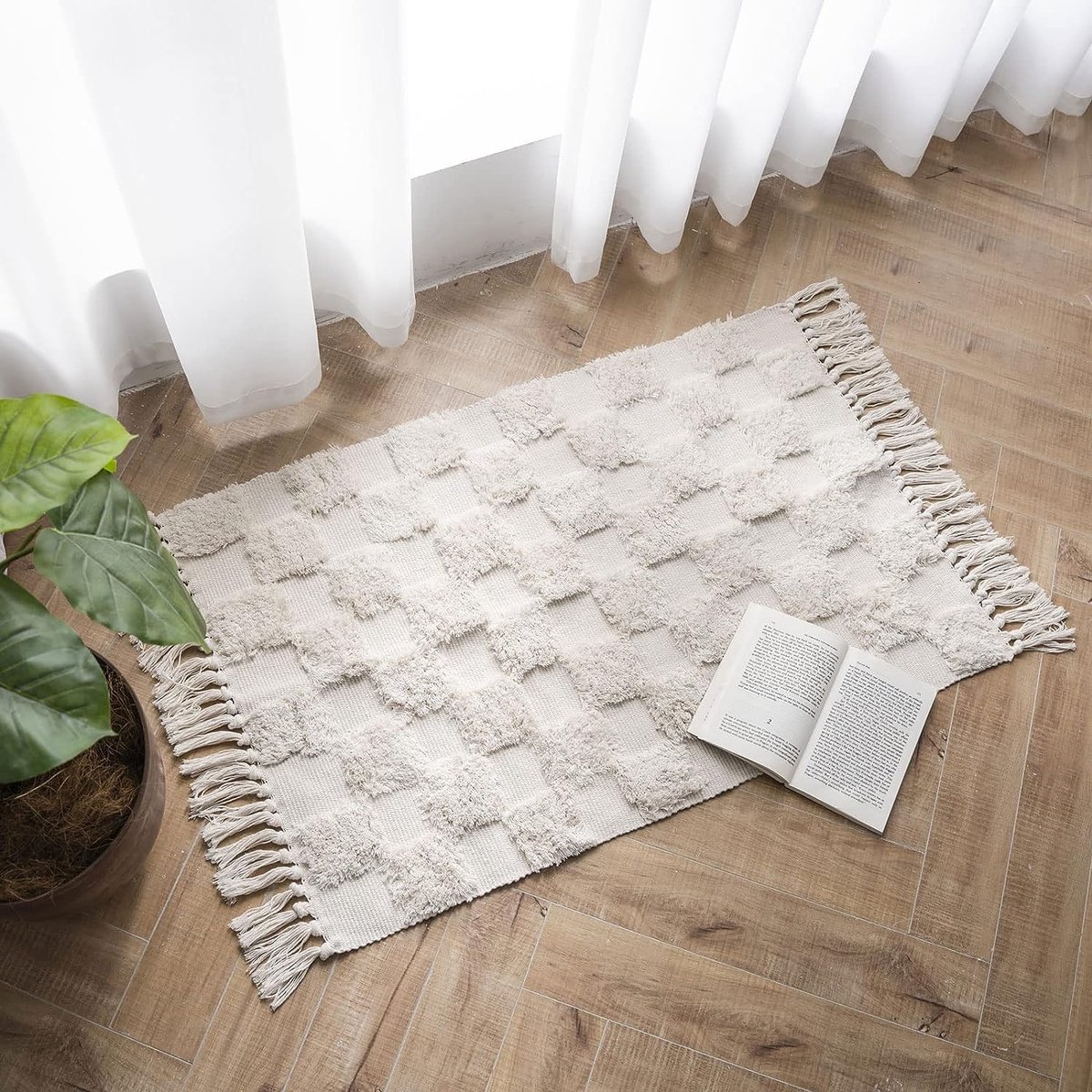 Katoenen tapijt, getuft katoenen tapijt, wasbaar, retro tapijt met kwastjes, Marokkaanse boho-tapijten voor woonkamer, slaapkamer, voordeur (beige ruit, 60 x 90 cm)