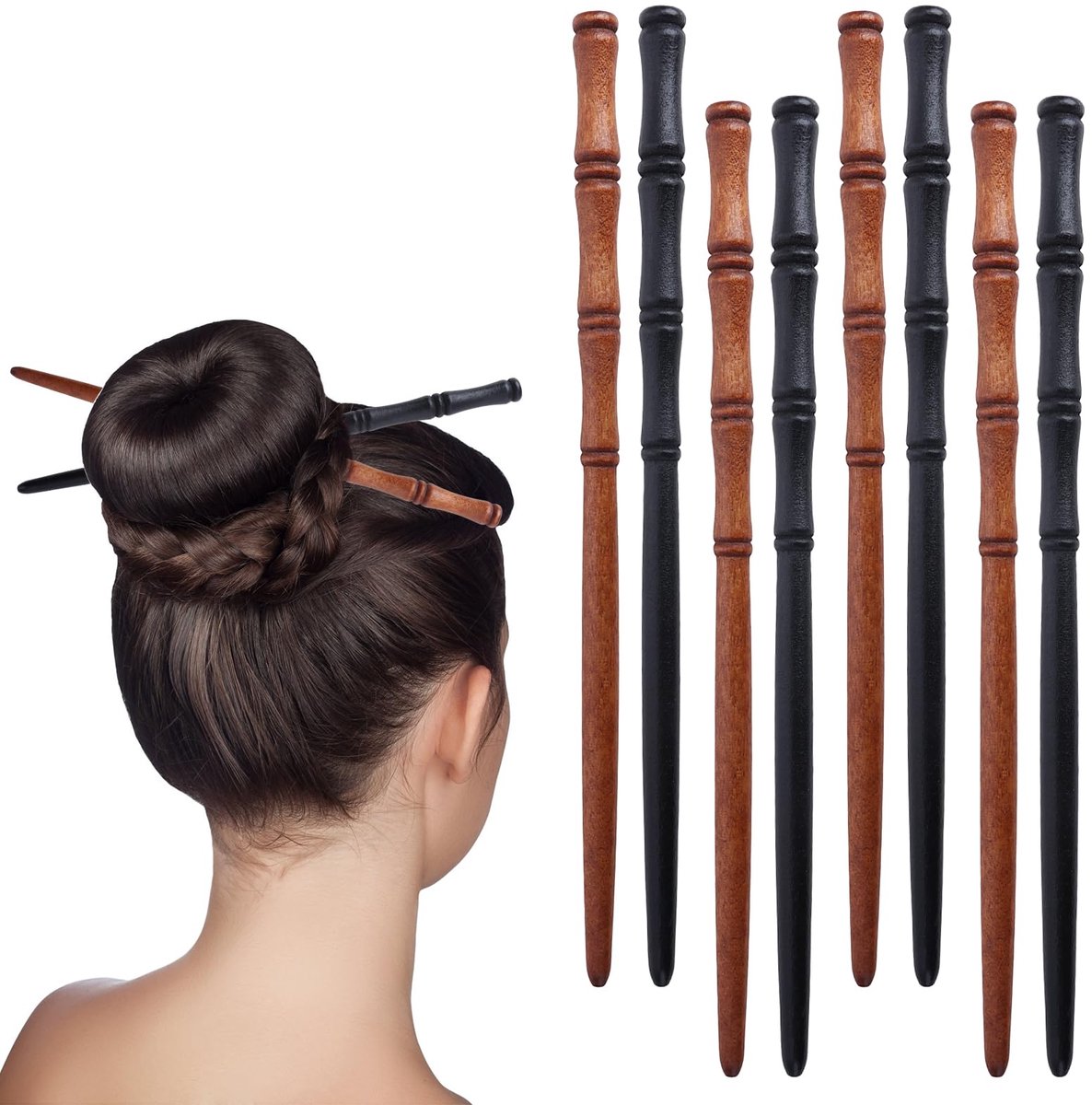 Set van 8 retro houten haarstokken, bamboestokjes voor knoten, elegante haaraccessoires (2 kleuren)