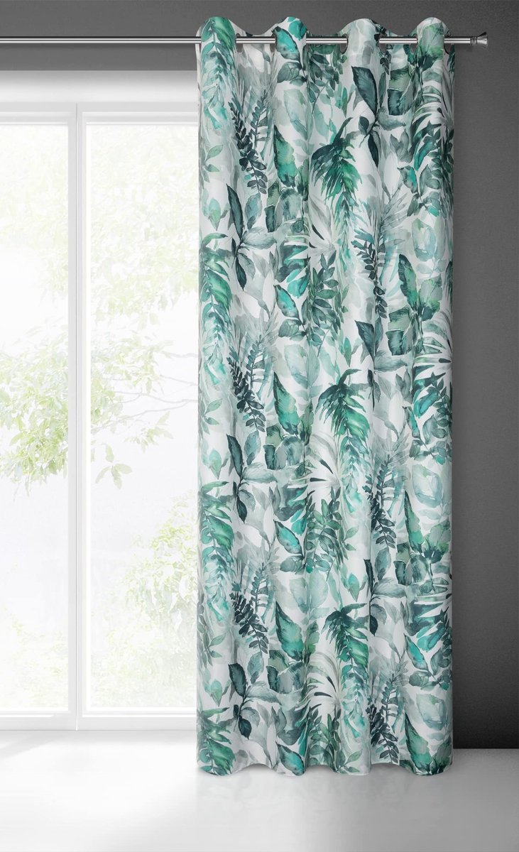 Eurofirany Adeline Gordijn, botanisch bladerpatroon, met inslagringen, microvezelgordijn, 1 stuk, modern, elegant, voor slaapkamer, woonkamer, kinderkamer, 140 x 250 cm, wit en groen