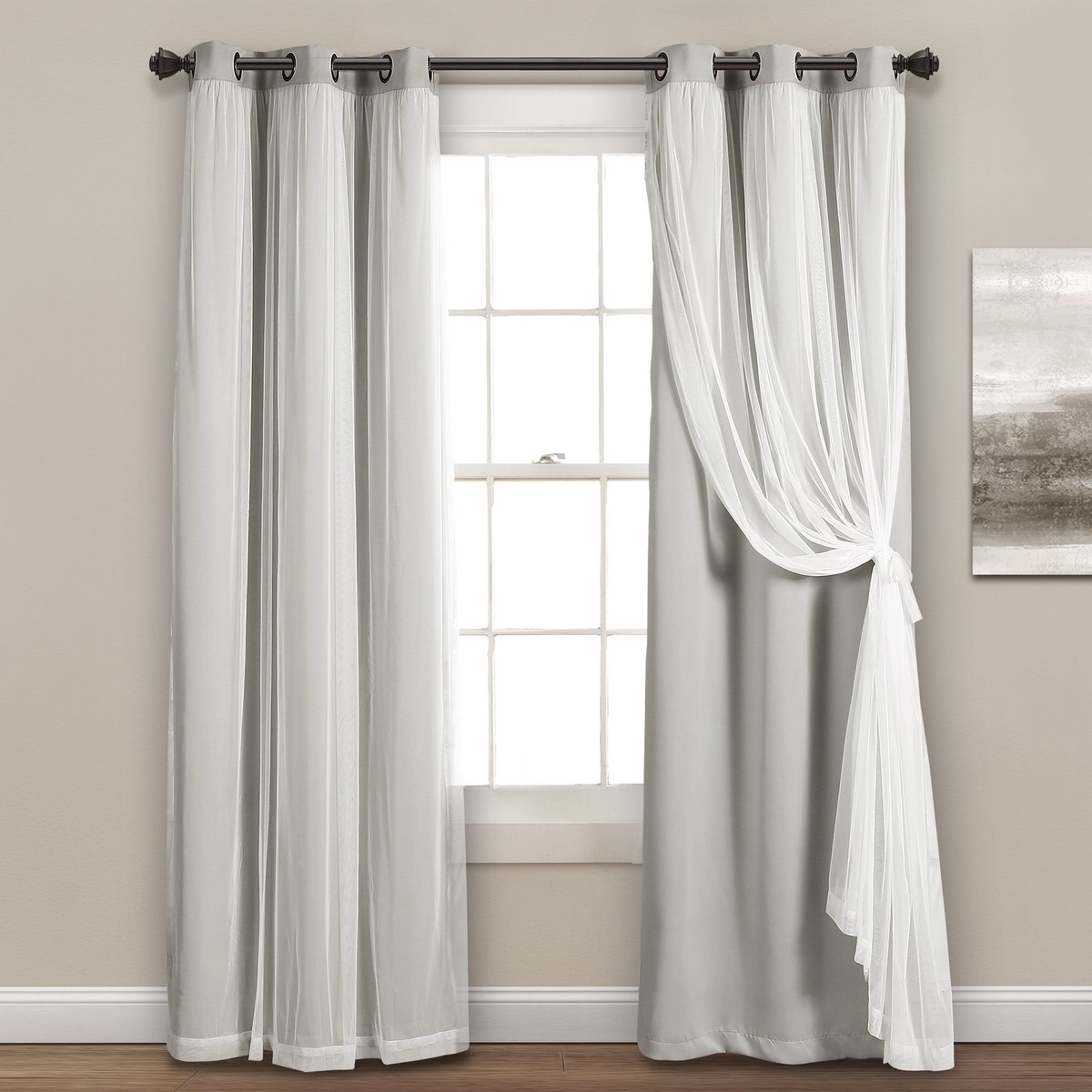 Gordijnen met geïsoleerde verduisterende voering, raamgordijnpanelen, paar, 96,5 x 213 cm (b x l), lichtgrijs, gordijn met transparante overlay, elegante verduisterende