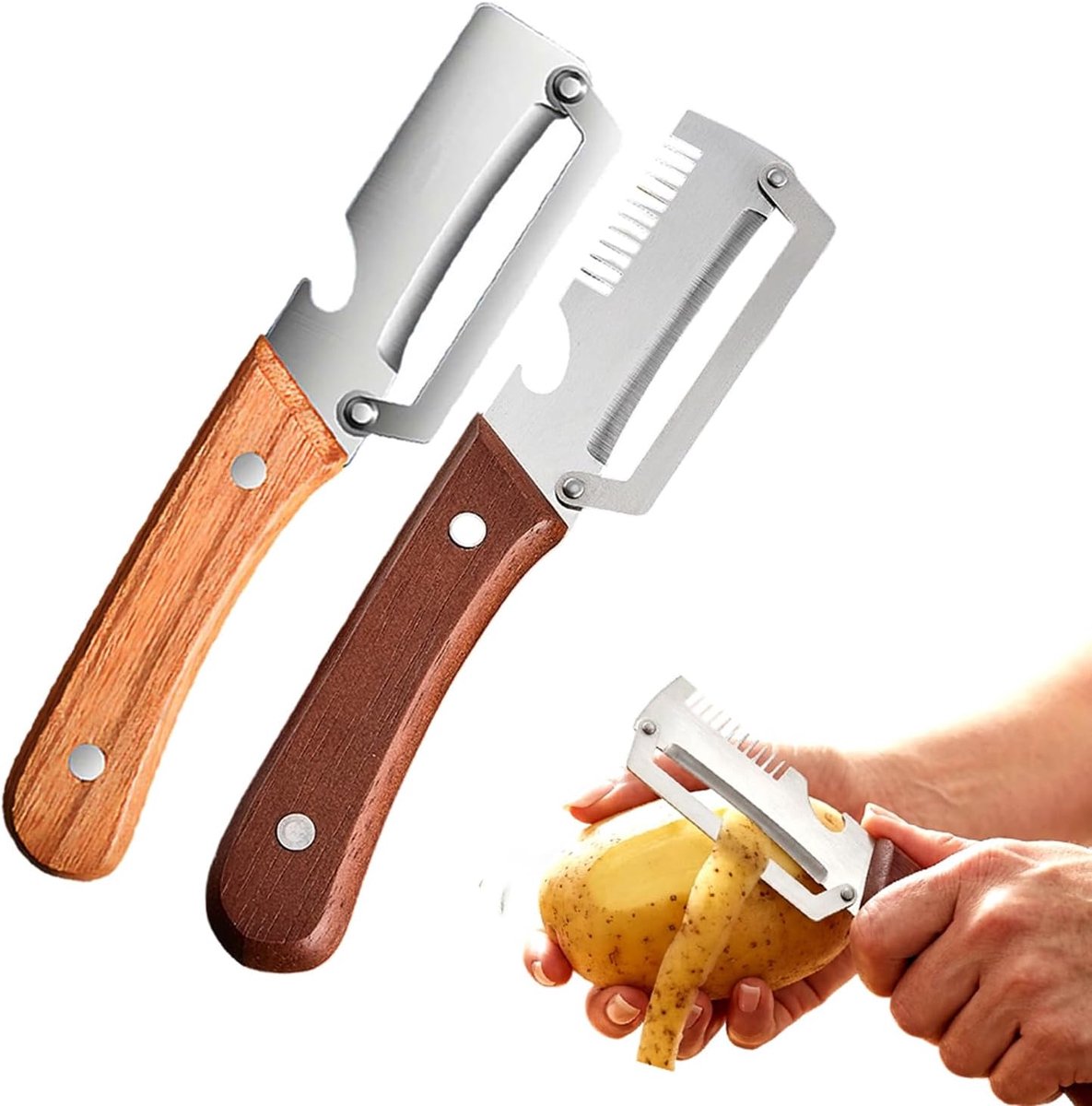 Multifunctionele Groenteschiller - 2 Stijlen - RVS Dunschiller - Met Flessenopener en Houten Handva - Aardappel Schiller - Keukengereedschap - Voor Appels, Aardappels, Papaja, Wortels & Pompoen - Houtkleur