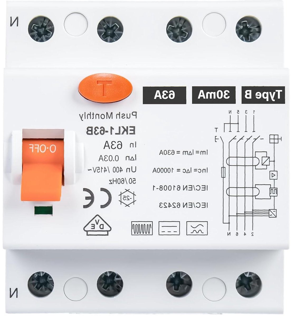 Veiligheidsschakelaar - Aardlekschakelaar RCD - Elektrische Bescherming - Type B Allstroomgevoelig - 63A 30mA 4-polig - null