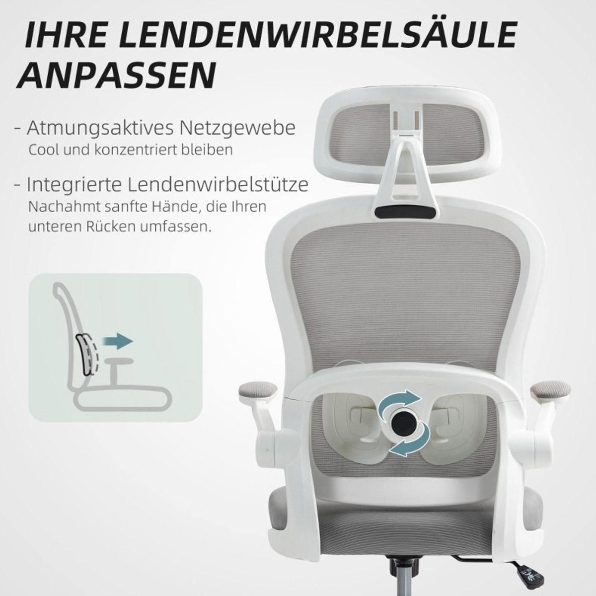 MEUNIQ ergonomische bureaustoel met net rugleuning, hoofdsteun, 2D lendensteun, klapbare armleuningen, wippfunctie, 5 wielen en verstelbare zithoogte, grijs
