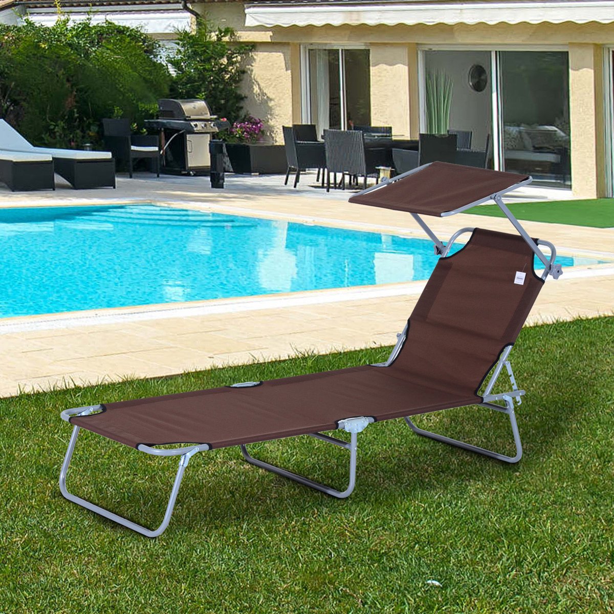 MEUNIQ tuinligstoel inklapbaar 187 x 58 x 36 cm met verstelbaar zonnedak, metalen frame en oxfordstof, zonneligstoel voor tuin, terras, balkon en strand, bruin