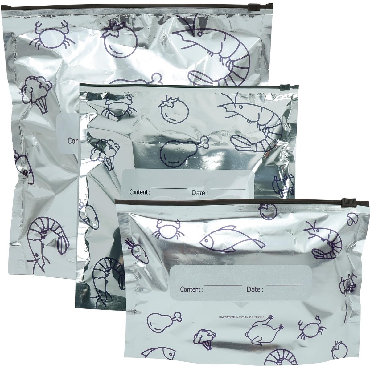 Zipper 30 stuks set herbruikbare aluminium ritszakken in 3 maten met etiketten opbergzakken voor levensmiddelen, keuken, vriezer, reizen