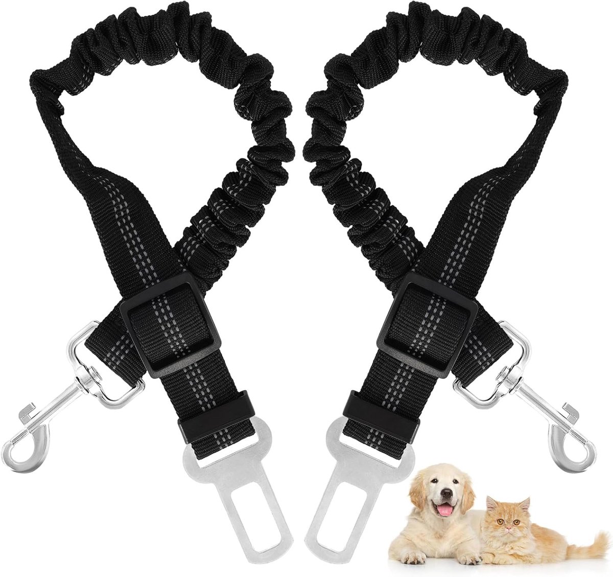 2 Stuks Hondenveiligheidsgordel voor in de Auto, Reflecterende Verstelbare Veiligheidsgordel Honden, 3-in-1 Hoofdsteun Hond Autogordel met Elastische Schokabsorptie en Gesp voor Alle Autotypes