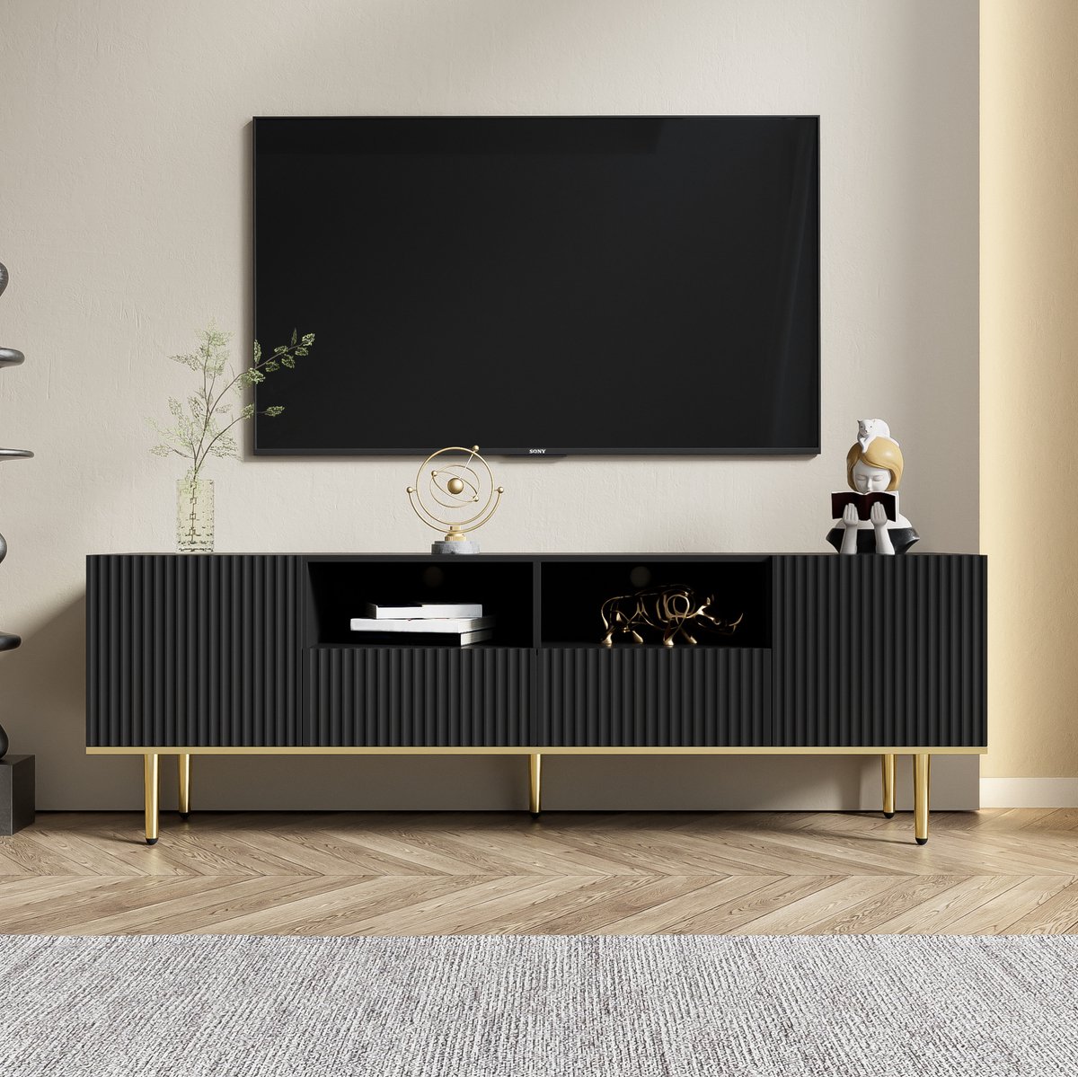 HAUSS SPOLE Dressoir - Modern TV Meubel Met 2 Laden En Open Vakken - Voor Woonkamer - Spaanplaat - 165x36x55 Cm - Zwart En Goud