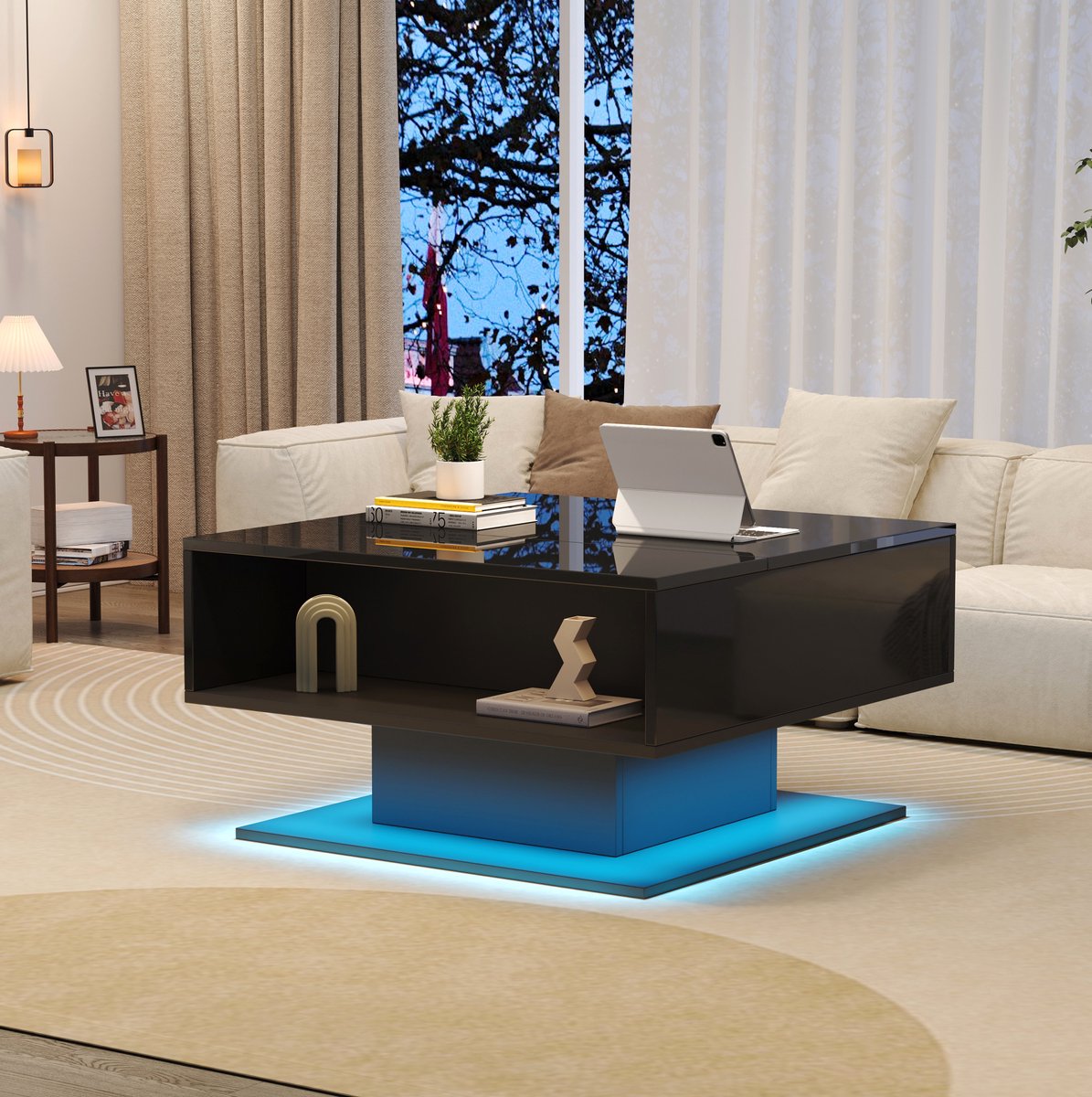 HAUSS SPOLE Salontafel - Verstelbaar Tafelblad Met Led En Opbergruimte - Voor Woonkamer En Lezen - Spaanplaat - 80x75x40 Cm - Zwart