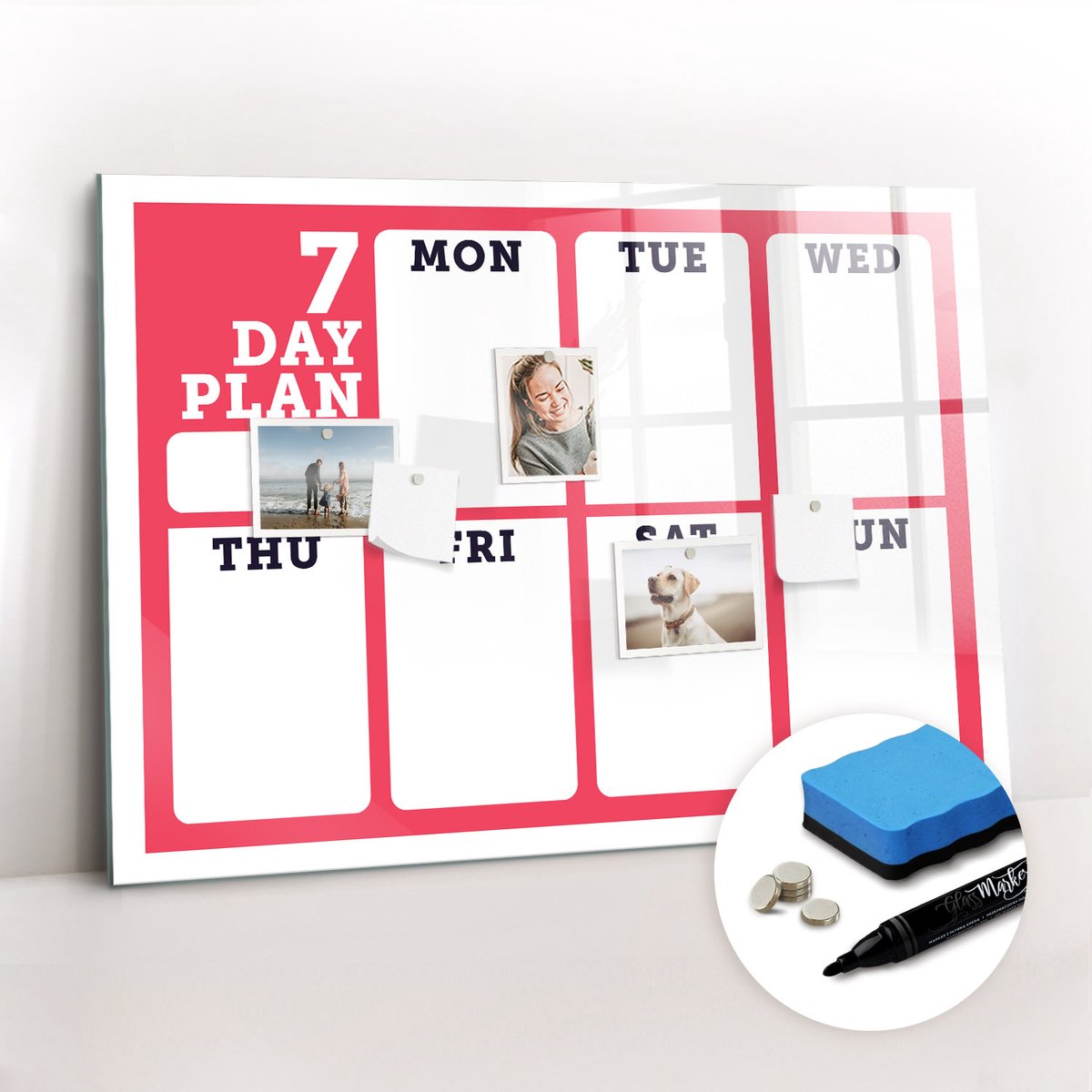 Tulup Whitebord - Klassieke weekplanner - 100 x 70 cm - Rood Foto Magneetbord - Gratis 5 Sterke Magneten + Whiteboard Marker & Wisser - Interieur Accessoires Kantoor - Magnet Board - Inspiratiebord Kantoor