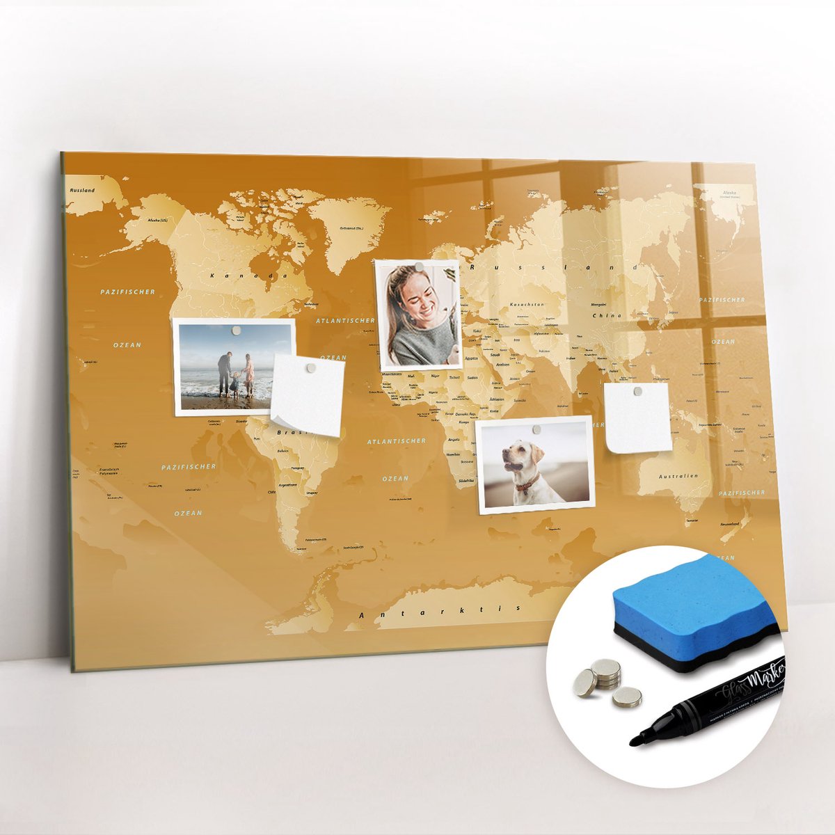 Tulup Whitebord - Klassieke wereldkaart - 90 x 60 cm - Geel Magnet Board - Gratis 5 Sterke Magneten + Whiteboard Marker & Wisser - Minimalistisch Prikbord - Magneetbord Muur - Organiseer Je Bureau