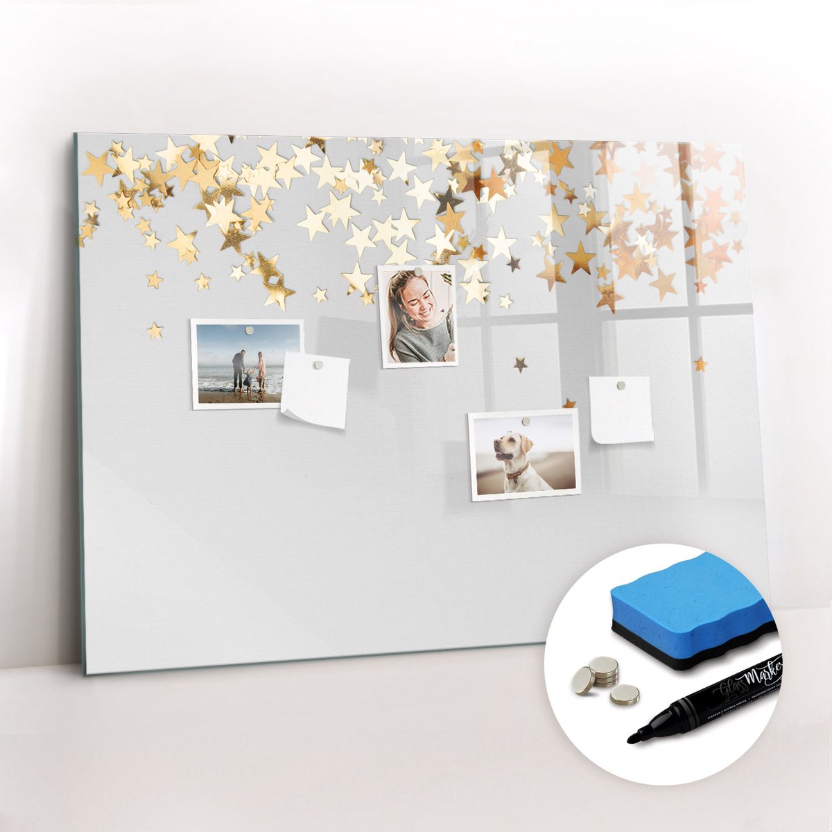 Tulup Whitebord - Sterren - 100 x 70 cm - Grijs Foto Magneetbord - Gratis 5 Sterke Magneten + Whiteboard Marker & Wisser - Organizer Muur - Memobord Magnetisch - Organiseer Je Bureau