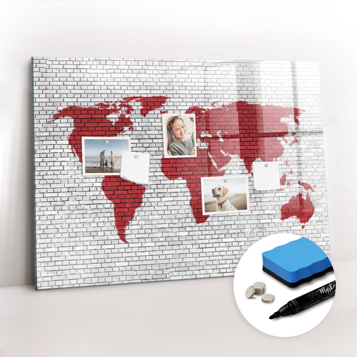 Tulup Whitebord - Loft bakstenen muur wereldkaart - 100 x 70 cm - Rood Foto Magneetbord - Gratis 5 Sterke Magneten + Whiteboard Marker & Wisser - Stylish Memo Board - Magneetbord Rechthoekig - Planning Muur