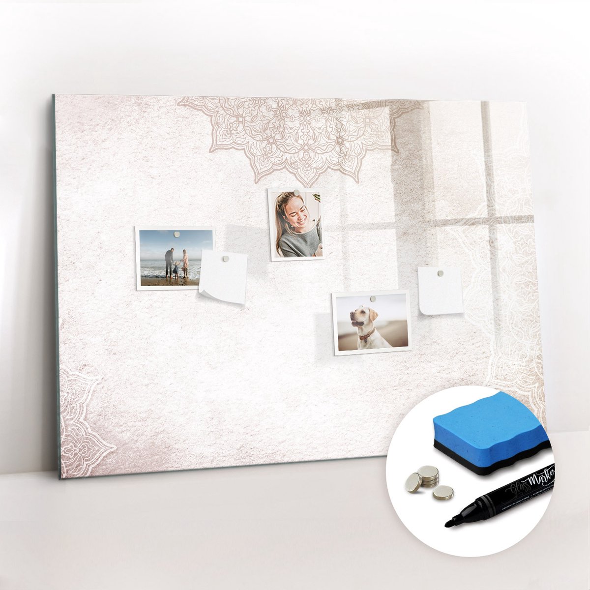 Tulup Whitebord - Decoratief patroon - 100 x 70 cm - Grijs Magneetbord Design - Gratis 5 Sterke Magneten + Whiteboard Marker & Wisser - Scandinavisch Design Bord - Memo Bord - Planning Muur