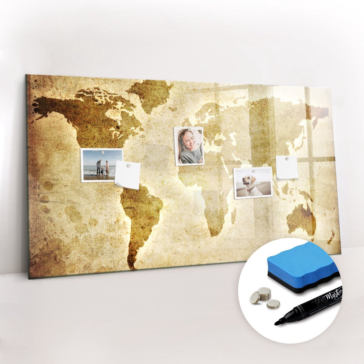 Tulup Whitebord - Retro wereldkaart - 120 x 60 cm - Bruin Magnet Board - Gratis 5 Sterke Magneten + Whiteboard Marker & Wisser - Interieur Accessoires Kantoor - Magnetisch Memobord - Productiviteit Tools