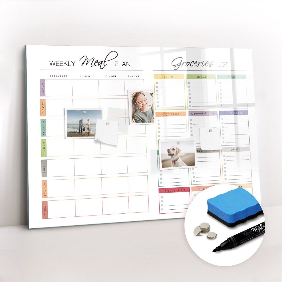 Tulup Whitebord - Weekmenu - 100 x 70 cm - Veelkleurig Magnetisch Wandbord - Gratis 5 Sterke Magneten + Whiteboard Marker & Wisser - Moderne Wanddecoratie - Memo Magneetbord - Notitiebord Werkplek