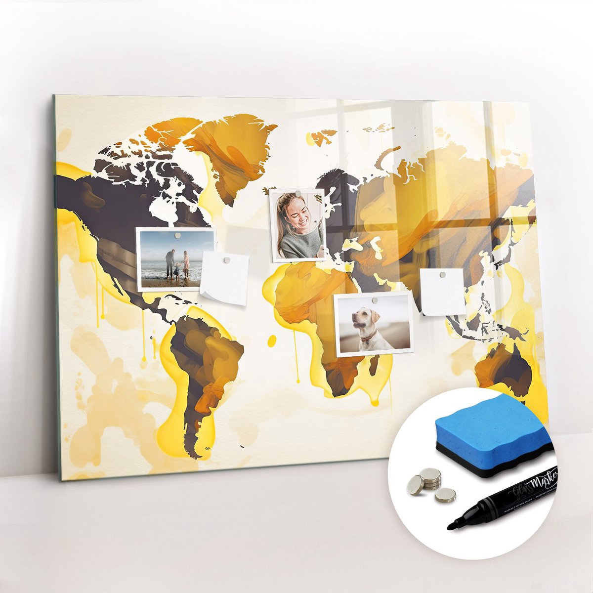 Tulup Whitebord - Abstracte wereldkaart - 100 x 70 cm - Geel Magnetisch Bord - Gratis 5 Sterke Magneten + Whiteboard Marker & Wisser - Industrieel Wandbord - Memo Bord - Inspiratiebord Kantoor