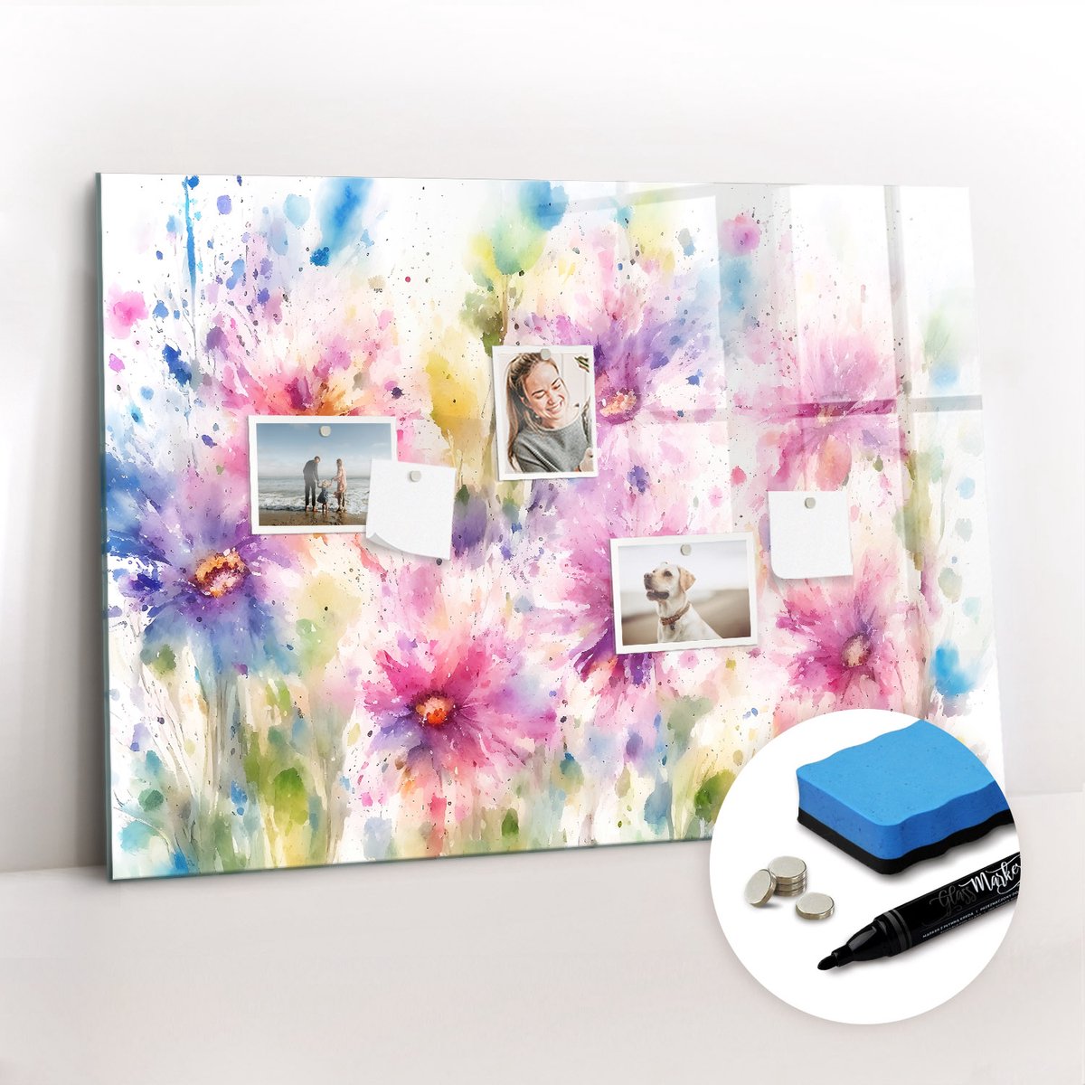 Tulup Whitebord - Geschilderde bloemen - 100 x 70 cm - Veelkleurig Memo Magneetbord - Gratis 5 Sterke Magneten + Whiteboard Marker & Wisser - Scandinavisch Design Bord - Magneetbord Foto - Organiseer Je Bureau
