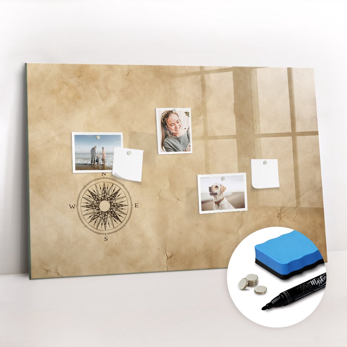Tulup Whitebord - Canvas kompas - 90 x 60 cm - Bruin Magnetisch Bord Kind - Gratis 5 Sterke Magneten + Whiteboard Marker & Wisser - Decoratief Magnetisch Bord - Magnetisch Memobord - Inspiratiebord Kantoor