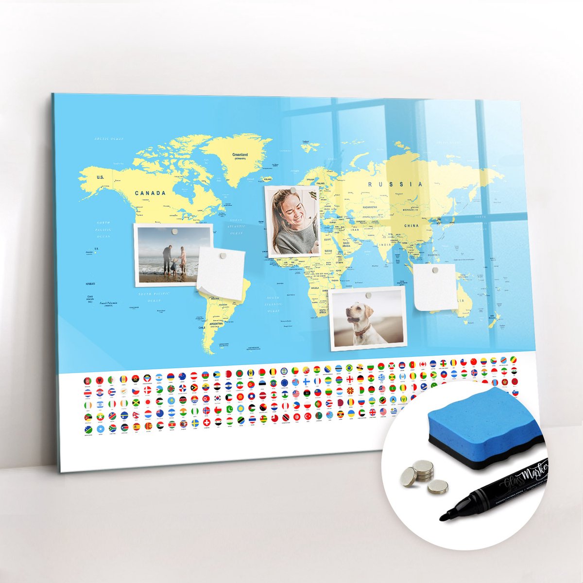 Tulup Whitebord - Traditionele wereldkaart - 100 x 70 cm - Veelkleurig Magneetbord Keuken - Gratis 5 Sterke Magneten + Whiteboard Marker & Wisser - Moderne Wanddecoratie - Memobord Glas - Organiseer Je Bureau