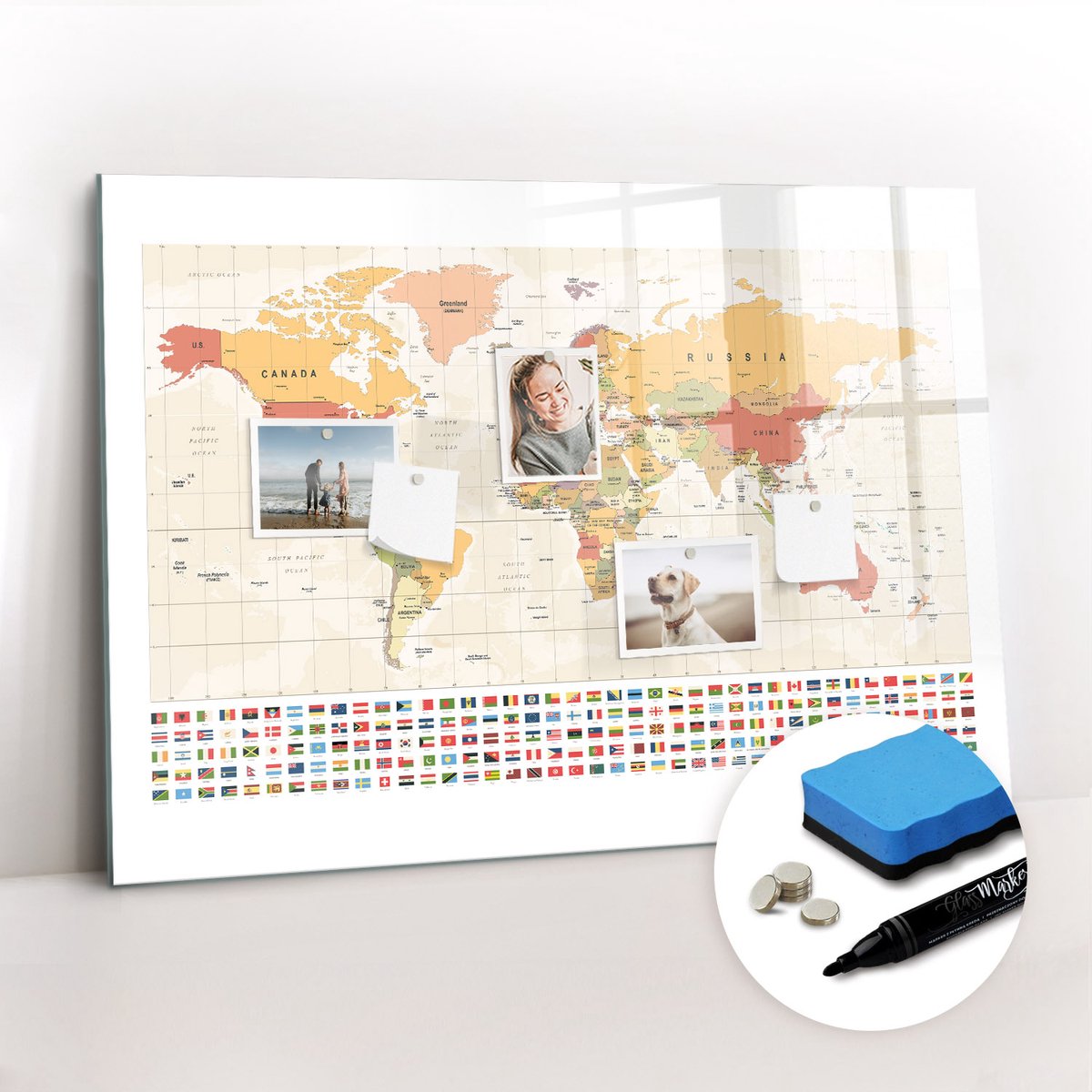 Tulup Whitebord - Wereldkaartproject - 100 x 70 cm - Oranje Magnetic Board - Gratis 5 Sterke Magneten + Whiteboard Marker & Wisser - Organizer Muur - Foto Magneetbord - Notitiebord Werkplek