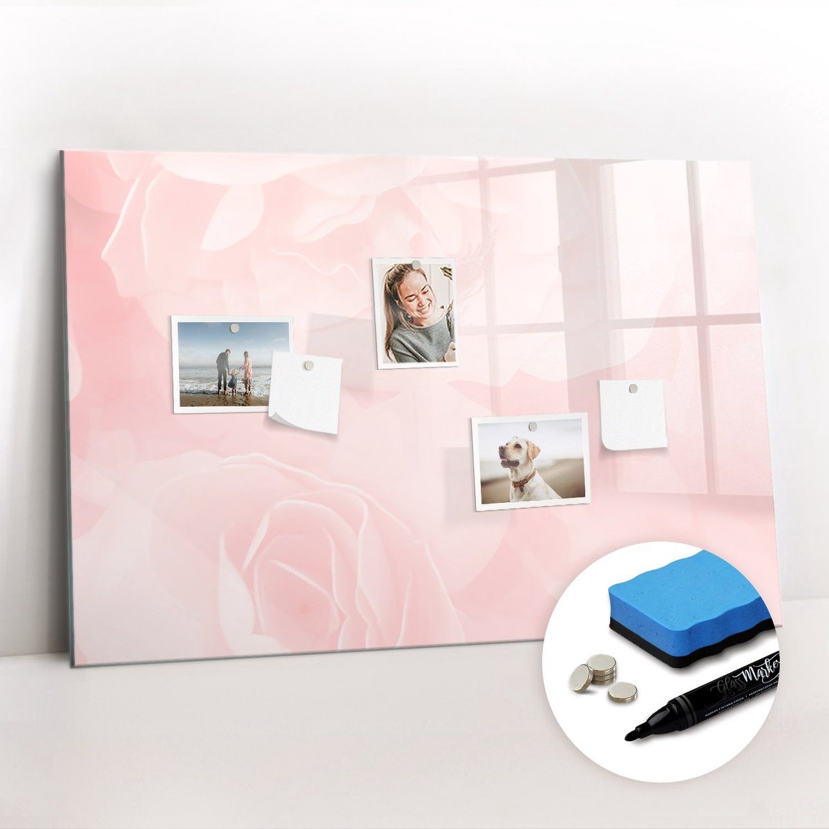 Tulup Whitebord - Bloeiende rozen - 90 x 60 cm - Roze Magnetic Board - Gratis 5 Sterke Magneten + Whiteboard Marker & Wisser - Industrieel Wandbord - Magnet Board - Ideeënbord Thuiswerkplek