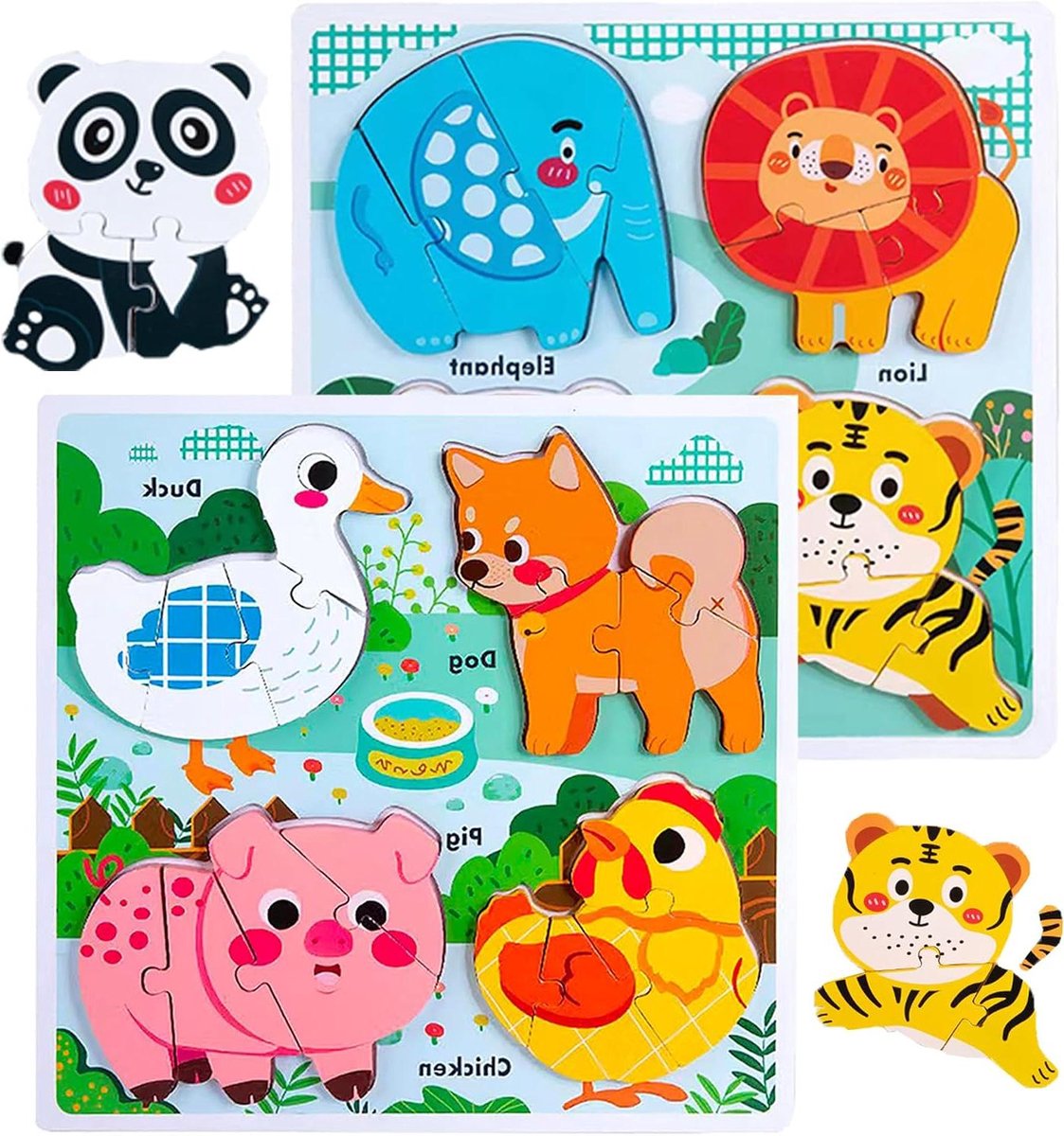 Houten dierenpuzzels - Peuter puzzels - Leren dieren herkennen - Grote stevige stukken - 4 puzzels - Multicolor