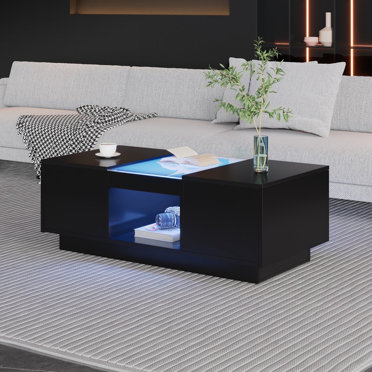 HAUSS SPOLE Salontafel - Ledverlichting Met Appbediening En 2 Lades - Voor Woonkamer - Spaanplaat En Glas - 100x50x35,5 Cm - Zwart