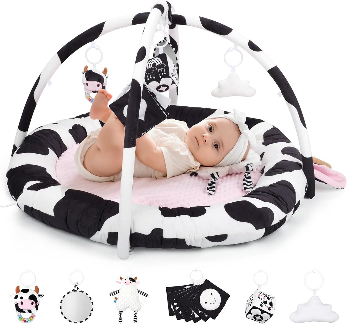 koe Baby Play Gym & Tummy Time Mat met 6 sensorisch speelgoed - extra grote dikke zachte vloer speelmat voor pasgeboren baby's 0-12 maanden - essentieel cadeau voor de kinderkamer
