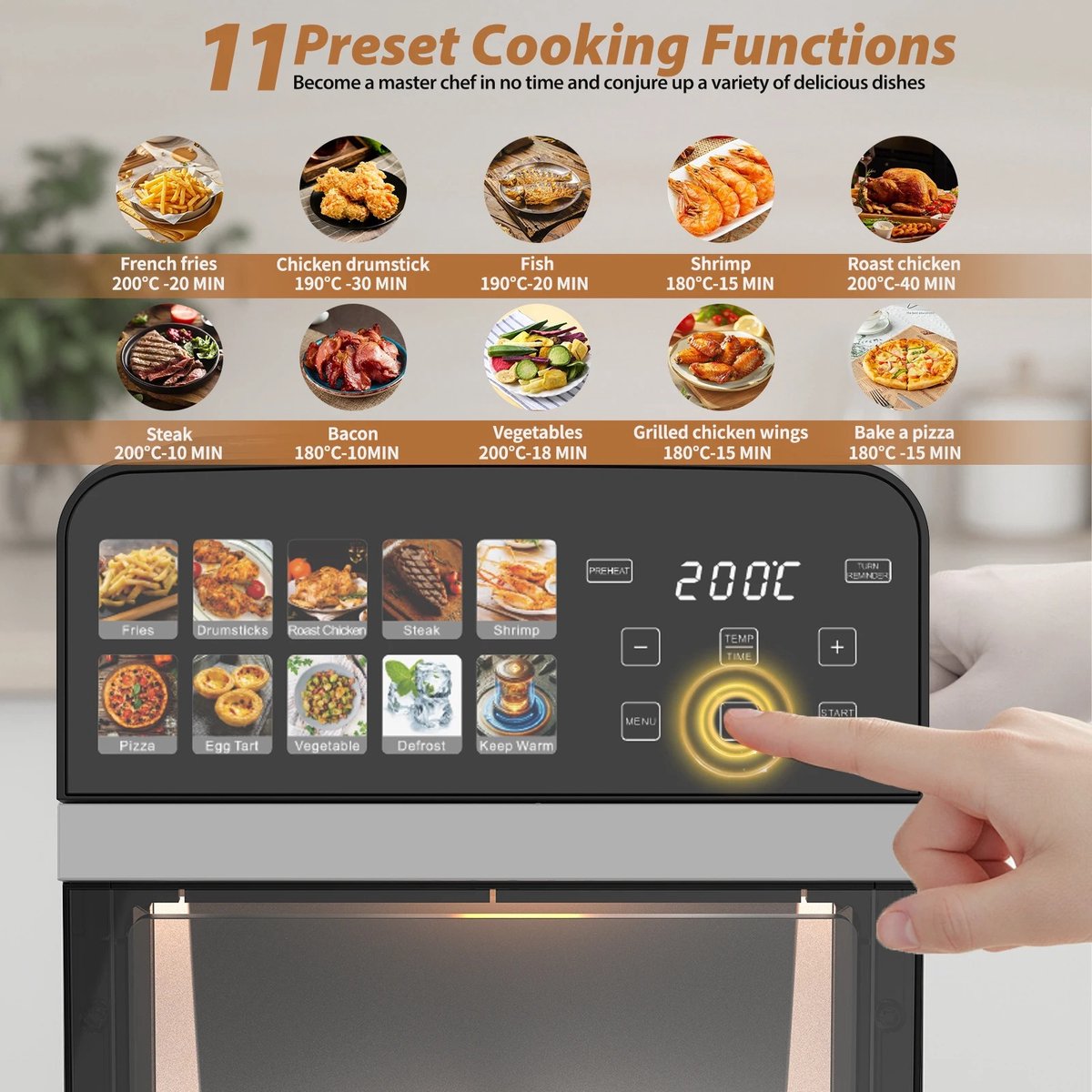 Zerova Heteluchtfriteuse - Heteluchtoven - Oven - Bakoven - Braadoven - 360° Heteluchtcirculatie - Timer - Touchscreen - Zwart – foto 3