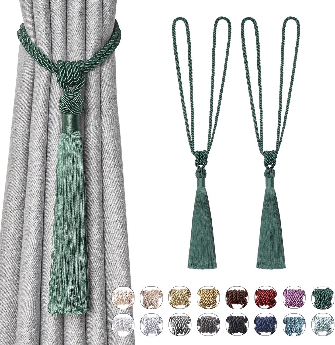Jolly 2 Pack Lange Kwastje Gordijn Tiebacks Handgemaakte Gevlochten Touw Knoop Drape Tie Backs Europese Stijl Decoratieve Gordijn Holdbacks voor Thuis & Kantoor Venster Drapery (Groen)