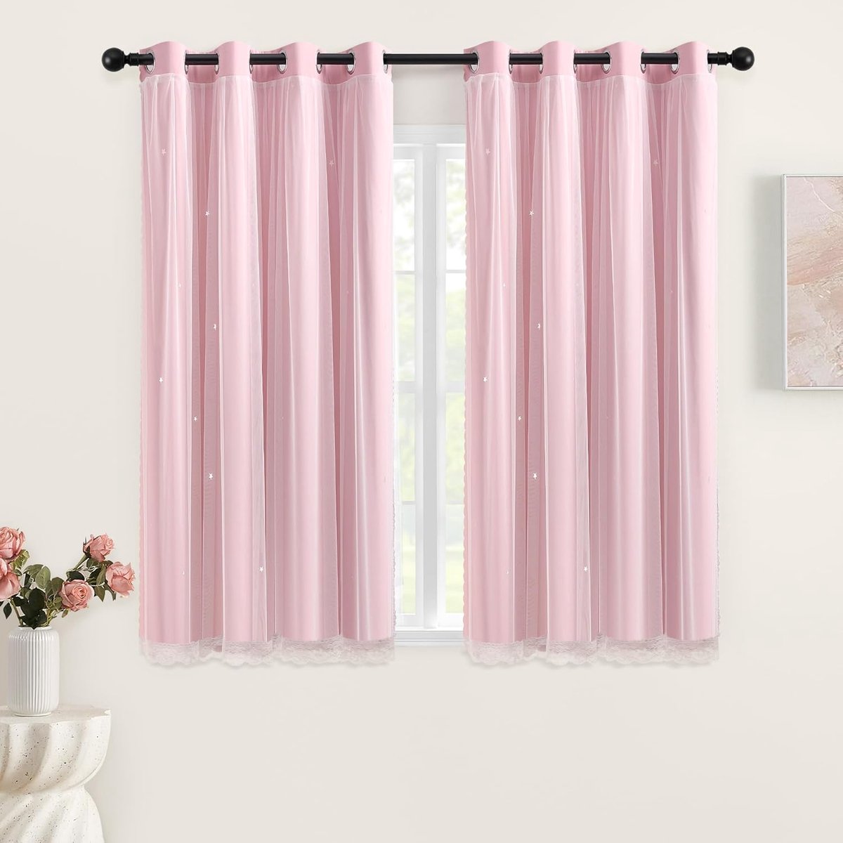 Verduisteringsgordijn voor slaapkamer dubbellaags 132 x 160 cm van polyester met voile sterrendesign schuifdeur meerkleurig lichtroze/132/160