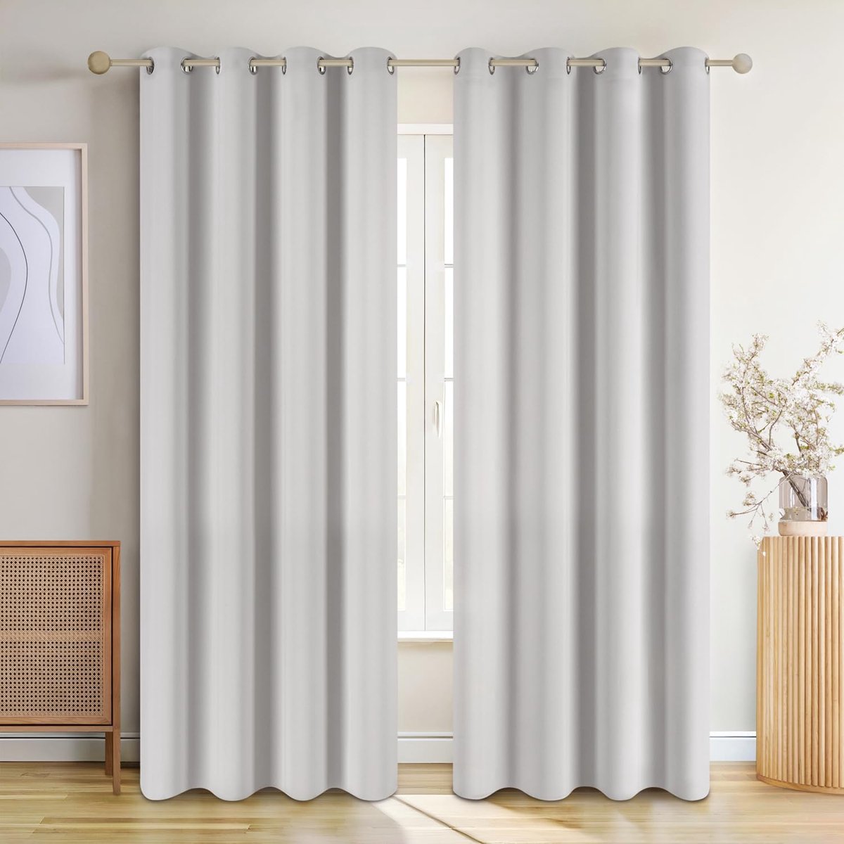 2-delige Set Ondoorzichtige Gordijnen met Ringen - verduisteringsgordijn, gordijnen verduisterend, 225 x 140 cm, Maanlichtgrijs