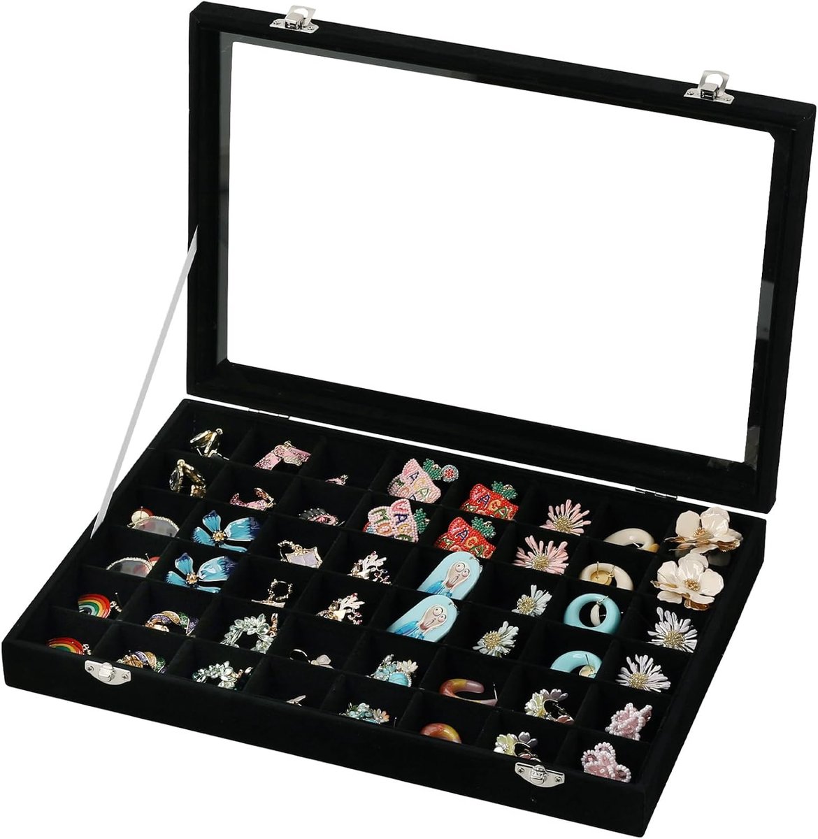 48 Grid Sieraden Tray, Verstelbare Oorbel Houder Organizer met Glazen Deksel, Fluwelen Lade Sieraden Organizer voor Ringen, Studs, 13,8 x 9,5 x 2 Inch Sieraden Display Box, Cadeau voor