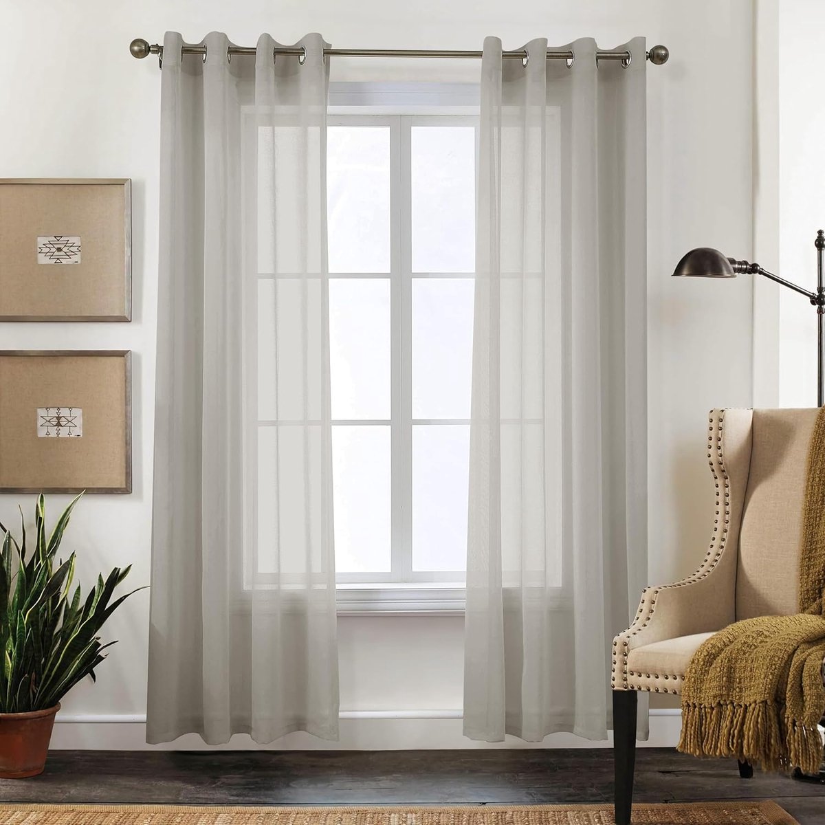 Sheer Voile transparante gordijnen in linnenlook met oogjes, gordijn van voile polyester gordijn met ogen, voor woonkamer luchtig, voor slaapkamer set van 2 140 X 225 cm (b x h), lichtgrijs