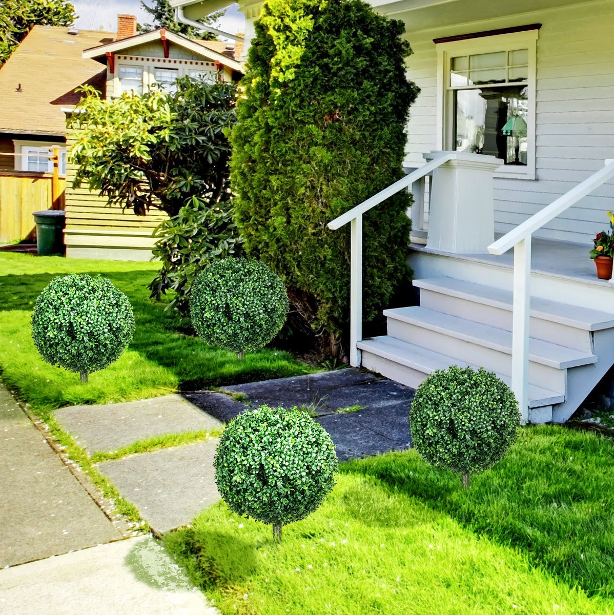 MEUNIQ 2-delige kunstplant buxus set 70 cm met Ø40 cm bolvorm, UV-beschermde kunststof bladeren, met grondpennen, voor binnen & buiten, groen