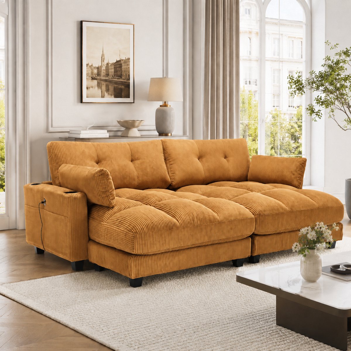 KOMHTOM Slaapbank 2-Zits - Mosterdgeel Corduroy - Modulaire Bank - Opbergruimte 4 Zijvakke