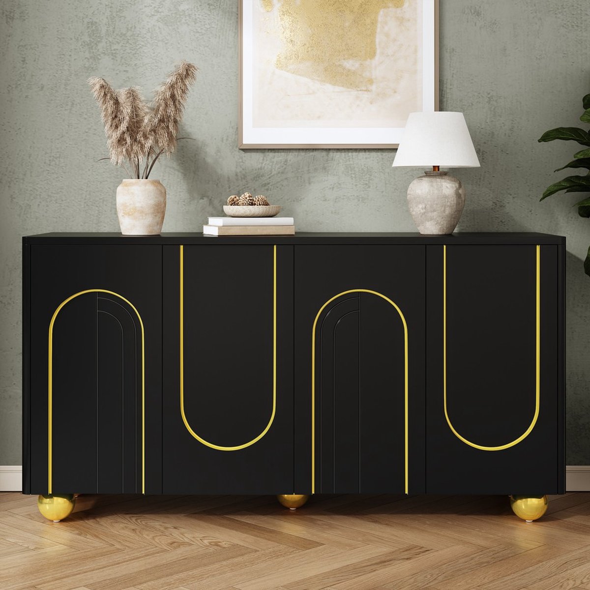 KOMHTOM Dressoir - 3 Deuren - Opbergkast Woonkamer Eetkamer - Boogmotief Gouden Lijnen - Bolvormige Metalen Poten - Hal Kast - Wit Zwart Industrieel Design - Sideboard Commode